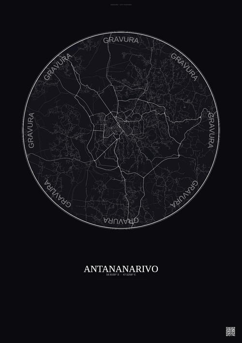 Affiche Antananarivo – Poster carte de ville | Gravura – Fond foncé
