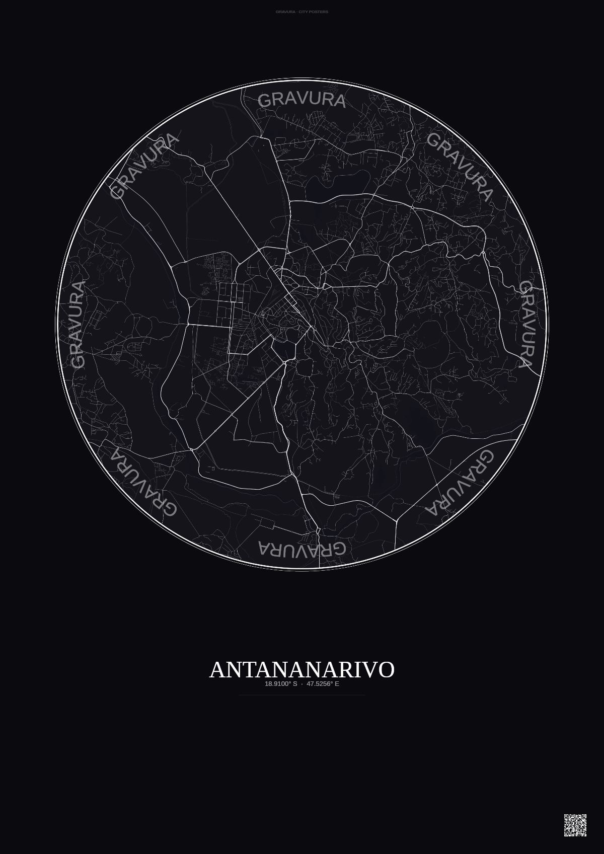 Affiche Antananarivo – Poster carte de ville | Gravura – Fond foncé