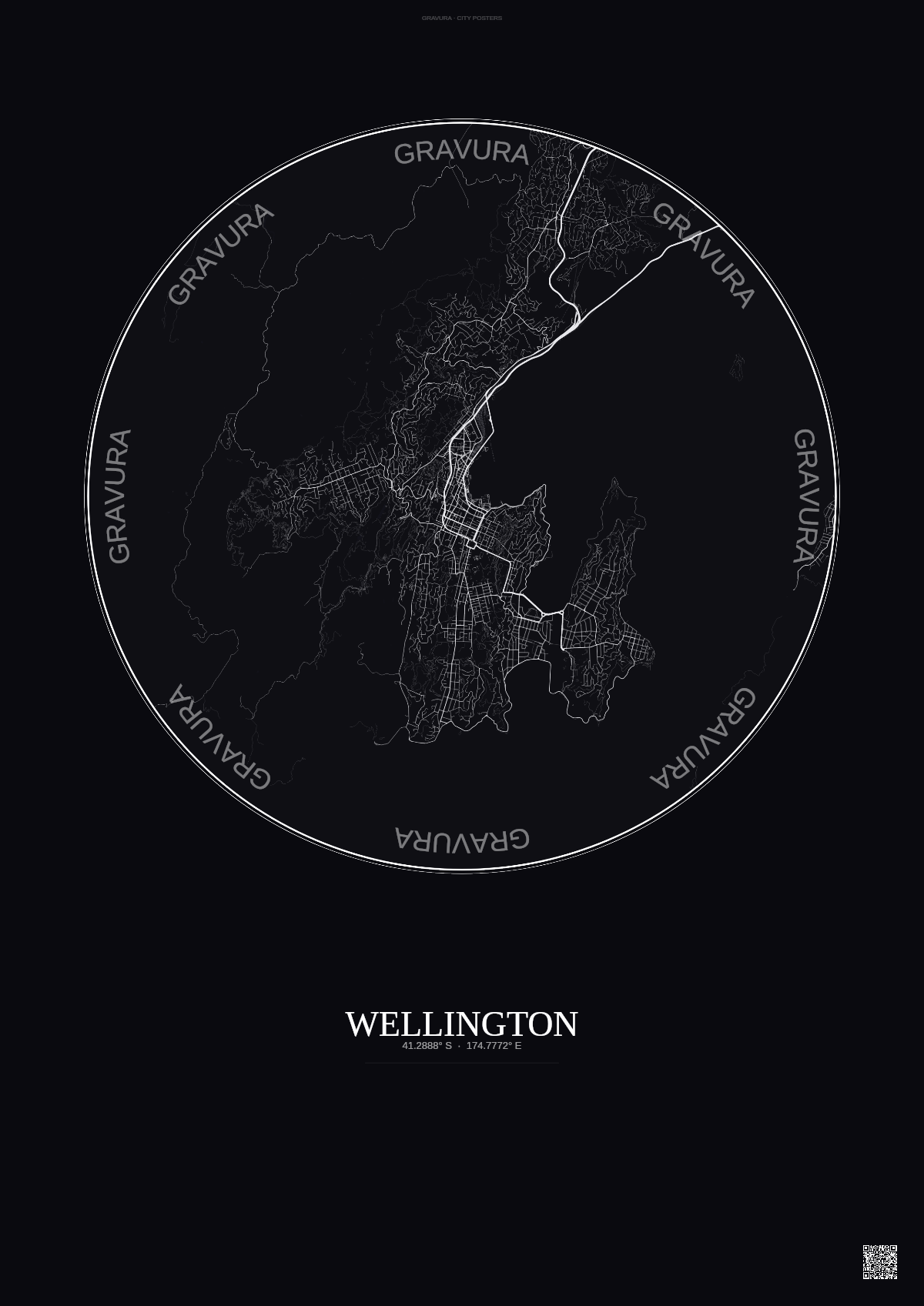 Affiche Wellington – Poster carte de ville | Gravura – Fond foncé