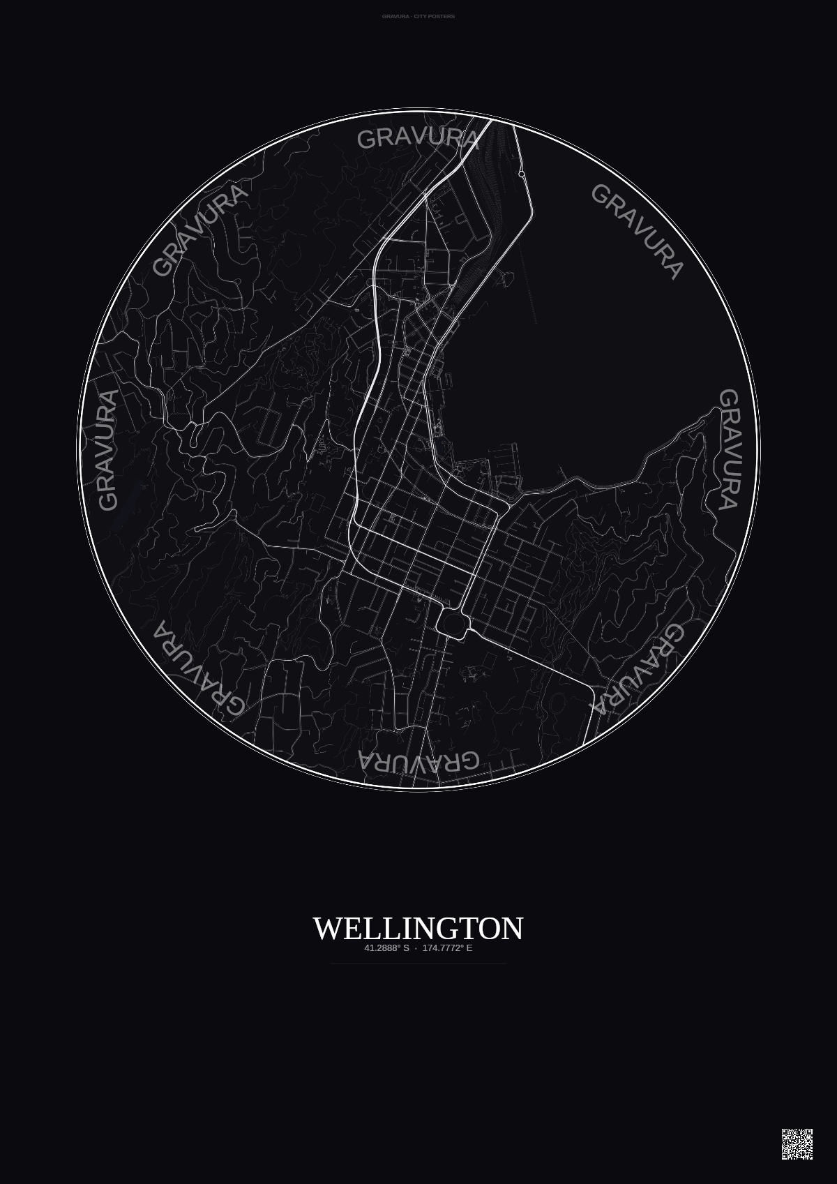 Affiche Wellington – Poster carte de ville | Gravura – Fond foncé