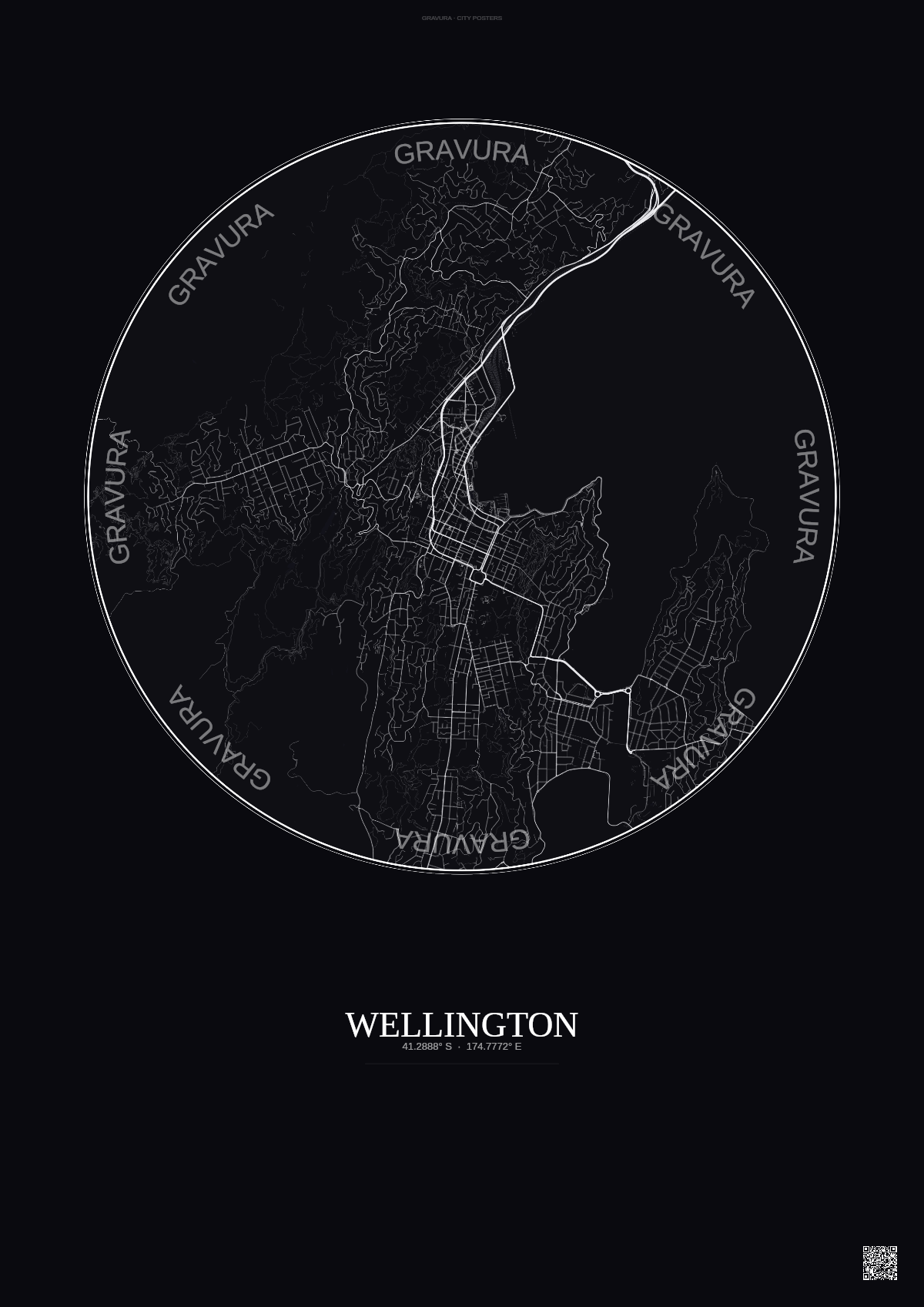 Affiche Wellington – Poster carte de ville | Gravura – Fond foncé