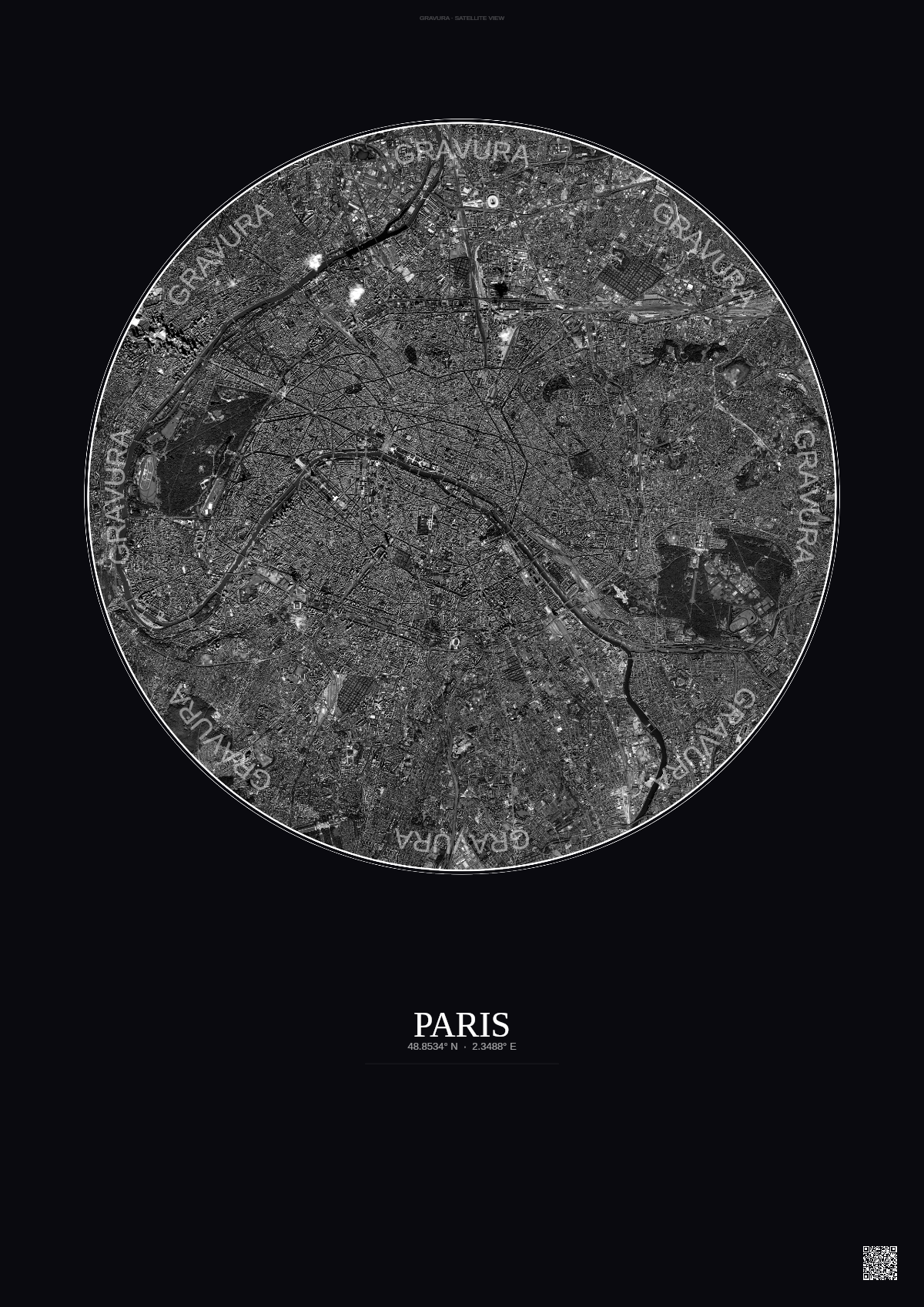 Affiche Paris – Poster vue satellite | Gravura – Fond foncé