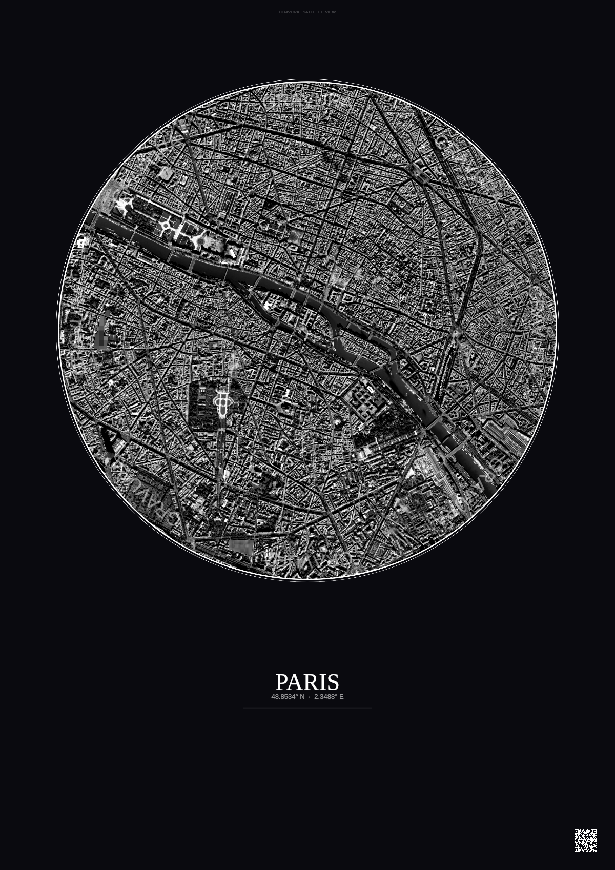 Affiche Paris – Poster vue satellite | Gravura – Fond foncé