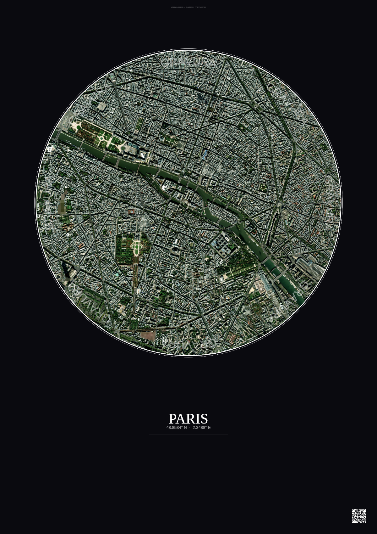 Affiche Paris – Poster vue satellite | Gravura – Fond foncé