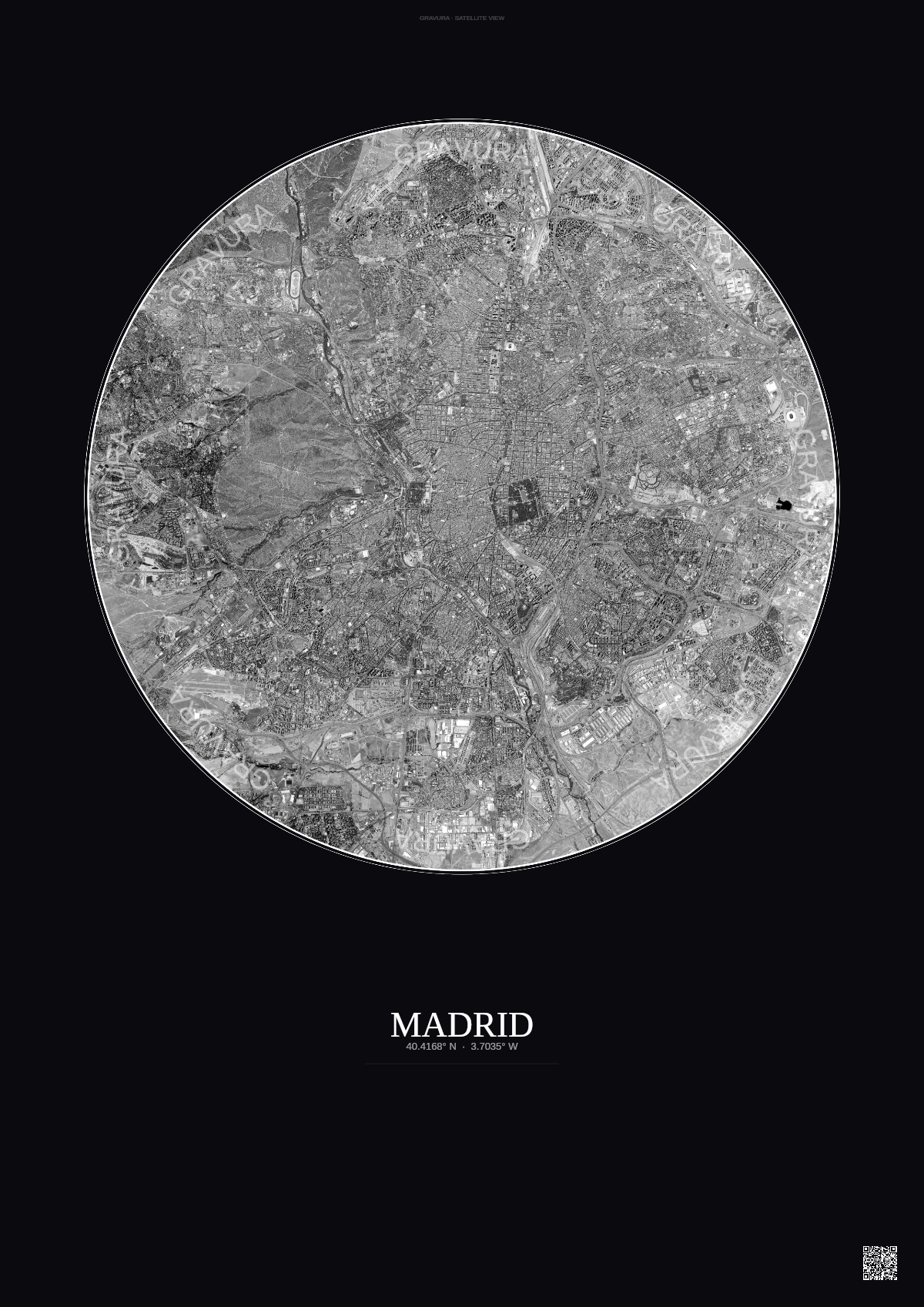 Affiche Madrid – Poster vue satellite | Gravura – Fond foncé