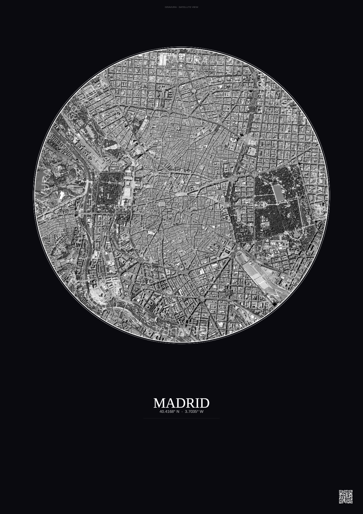Affiche Madrid – Poster vue satellite | Gravura – Fond foncé