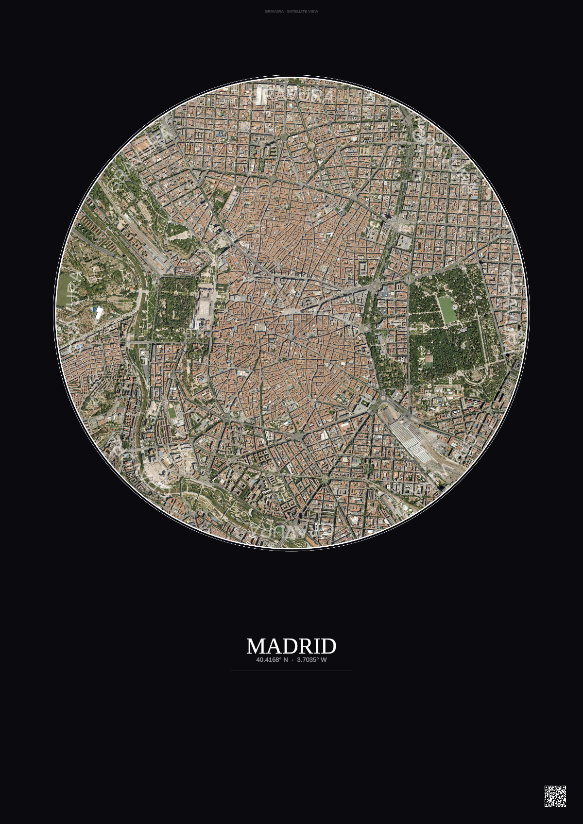 Affiche Madrid – Poster vue satellite | Gravura – Fond foncé