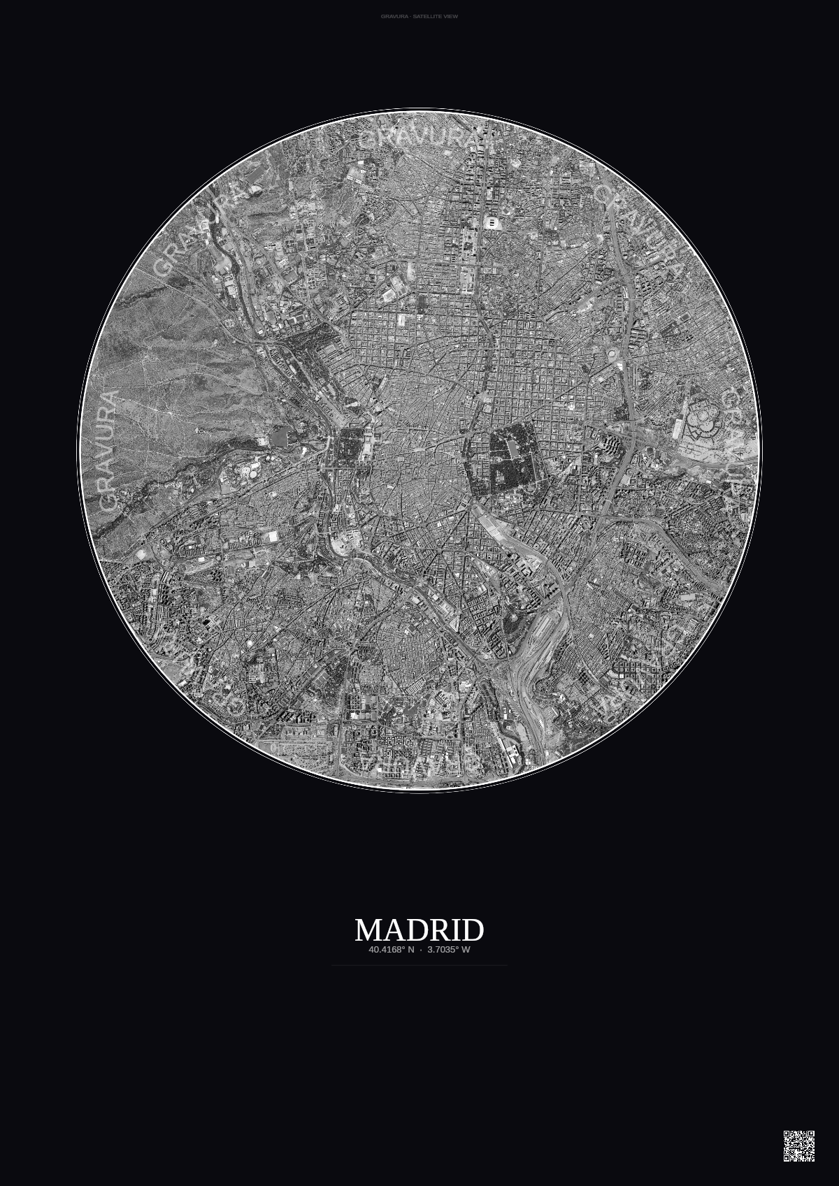 Affiche Madrid – Poster vue satellite | Gravura – Fond foncé