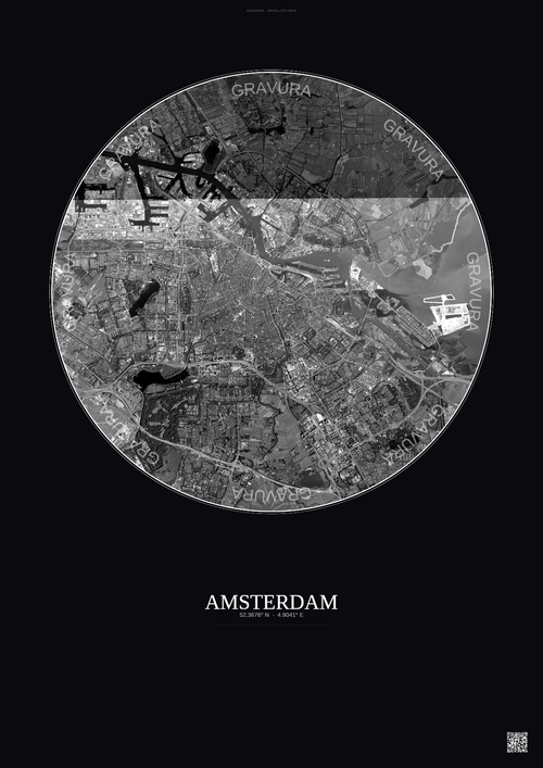 Affiche Amsterdam – Poster vue satellite | Gravura – Fond foncé