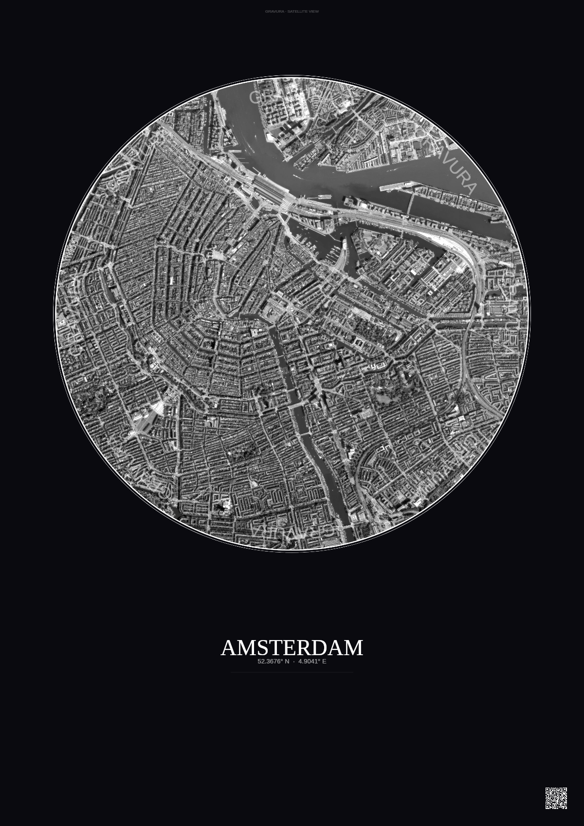 Affiche Amsterdam – Poster vue satellite | Gravura – Fond foncé