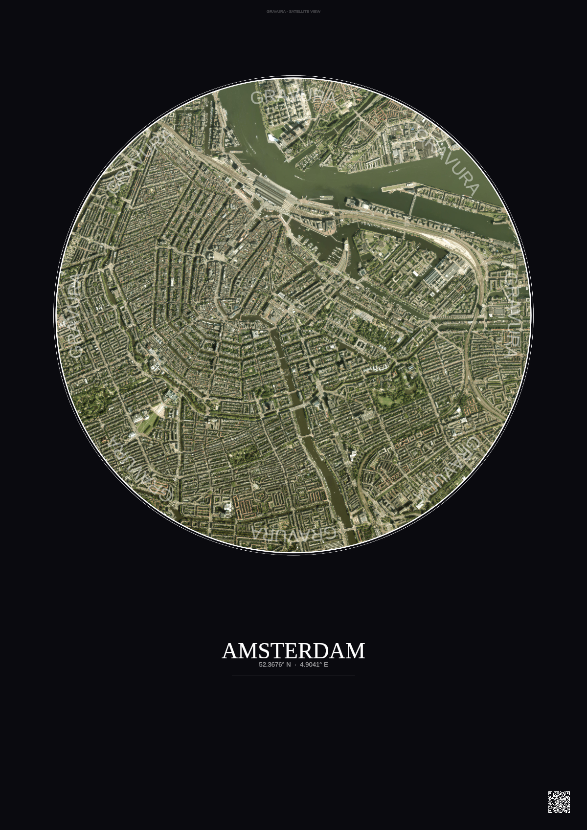 Affiche Amsterdam – Poster vue satellite | Gravura – Fond foncé