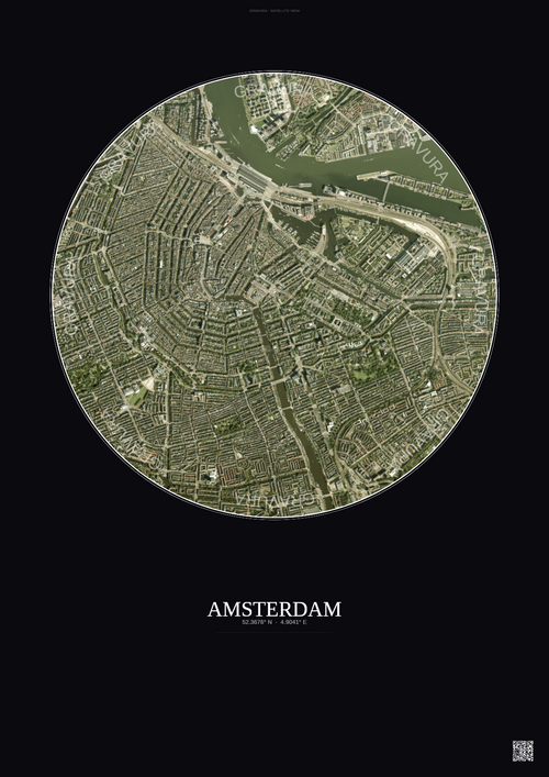 Affiche Amsterdam – Poster vue satellite | Gravura – Fond foncé
