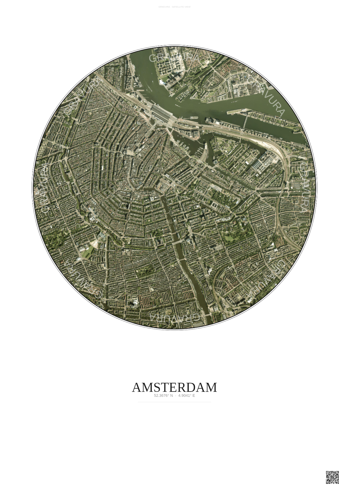 Affiche Amsterdam – Poster vue satellite | Gravura – Fond clair