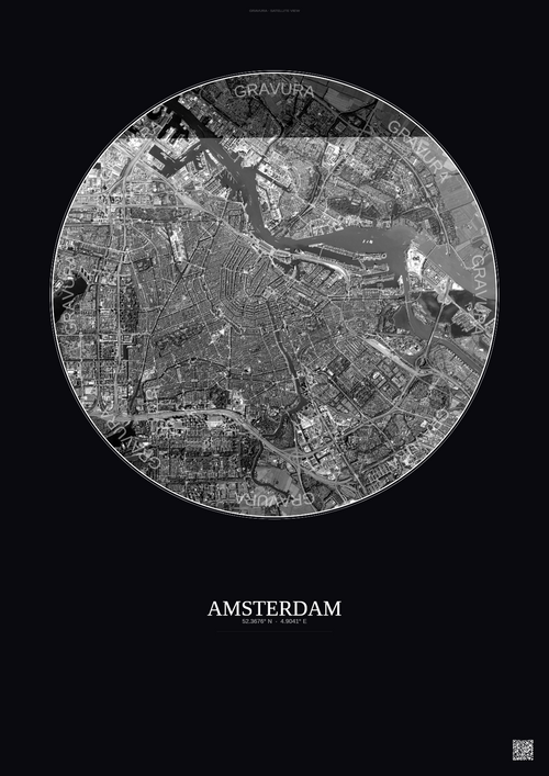 Affiche Amsterdam – Poster vue satellite | Gravura – Fond foncé