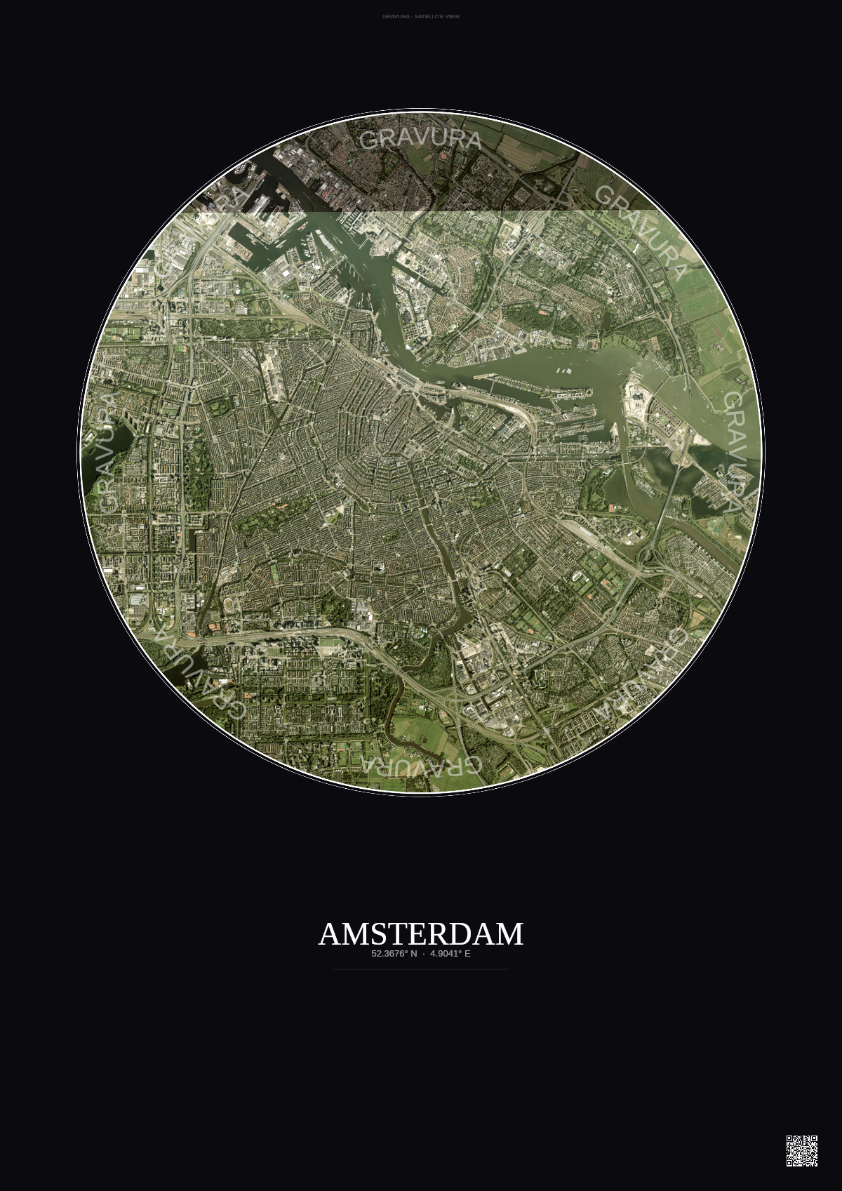 Affiche Amsterdam – Poster vue satellite | Gravura – Fond foncé