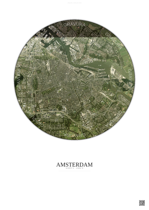 Affiche Amsterdam – Poster vue satellite | Gravura – Fond clair