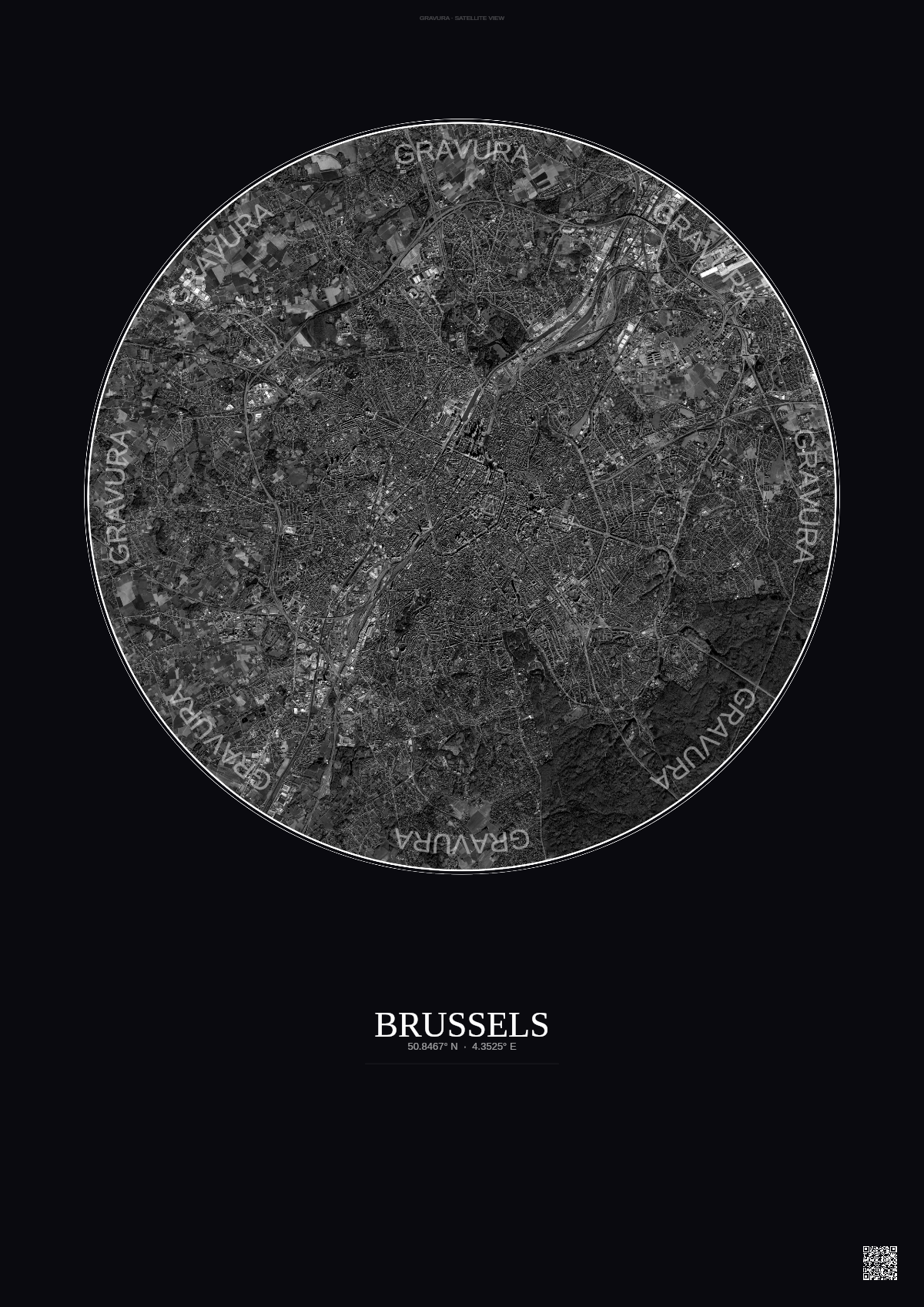 Affiche Brussels – Poster vue satellite | Gravura – Fond foncé