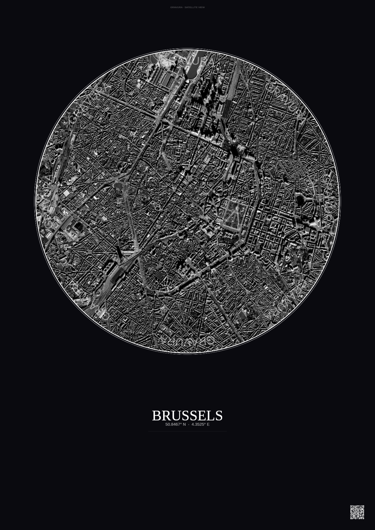 Affiche Brussels – Poster vue satellite | Gravura – Fond foncé