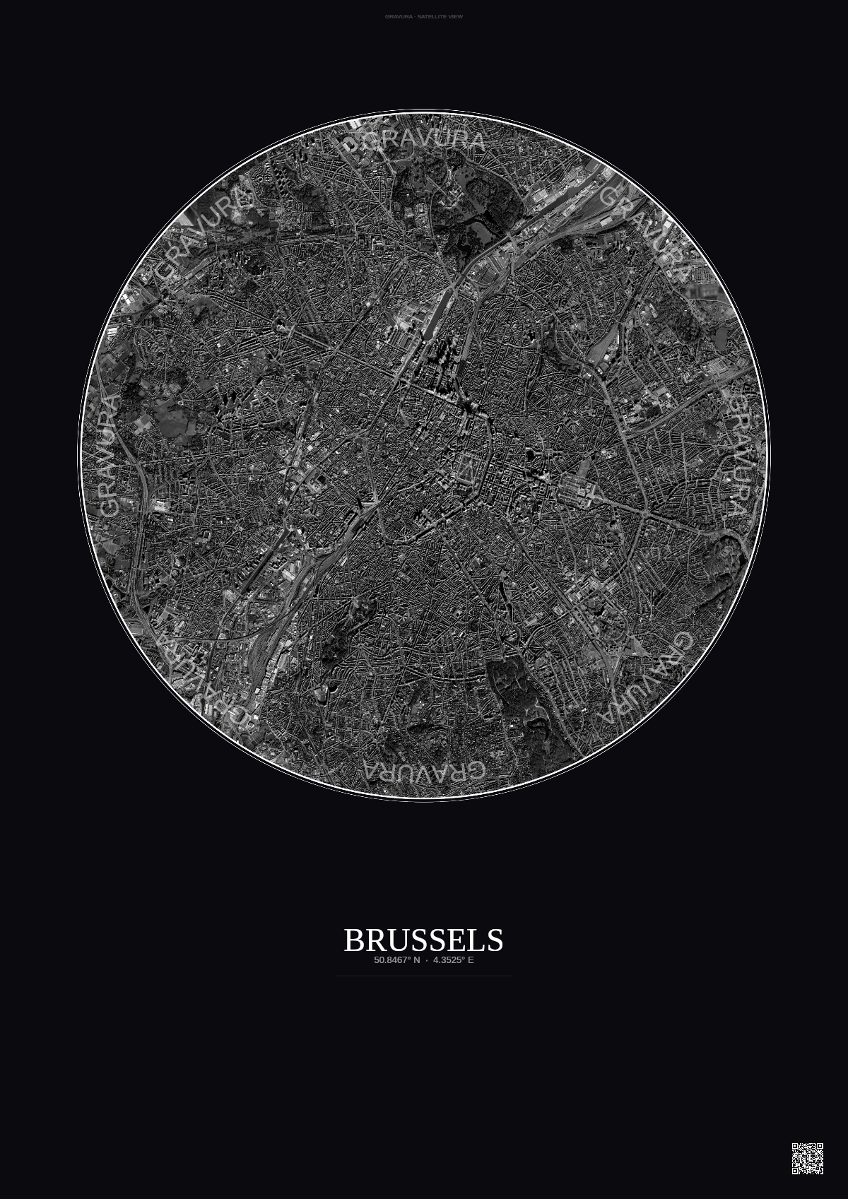 Affiche Brussels – Poster vue satellite | Gravura – Fond foncé