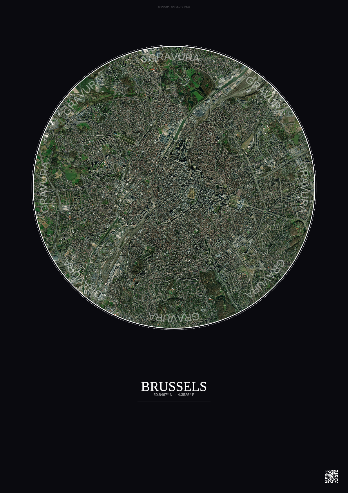 Affiche Brussels – Poster vue satellite | Gravura – Fond foncé