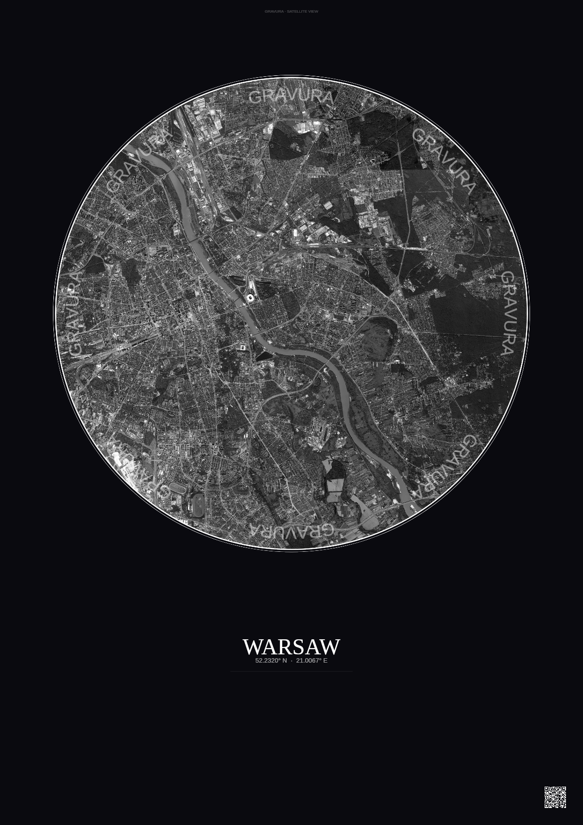 Affiche Warsaw – Poster vue satellite | Gravura – Fond foncé