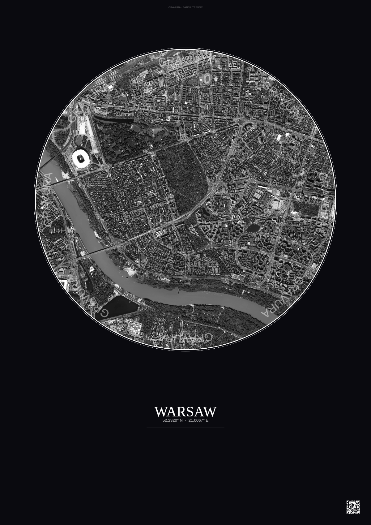 Affiche Warsaw – Poster vue satellite | Gravura – Fond foncé