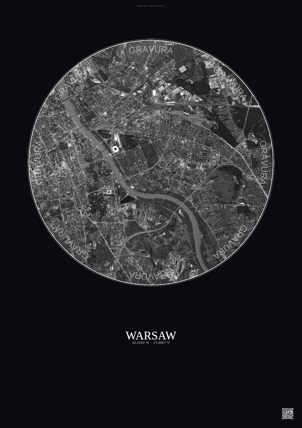 Affiche Warsaw – Poster vue satellite | Gravura – Fond foncé