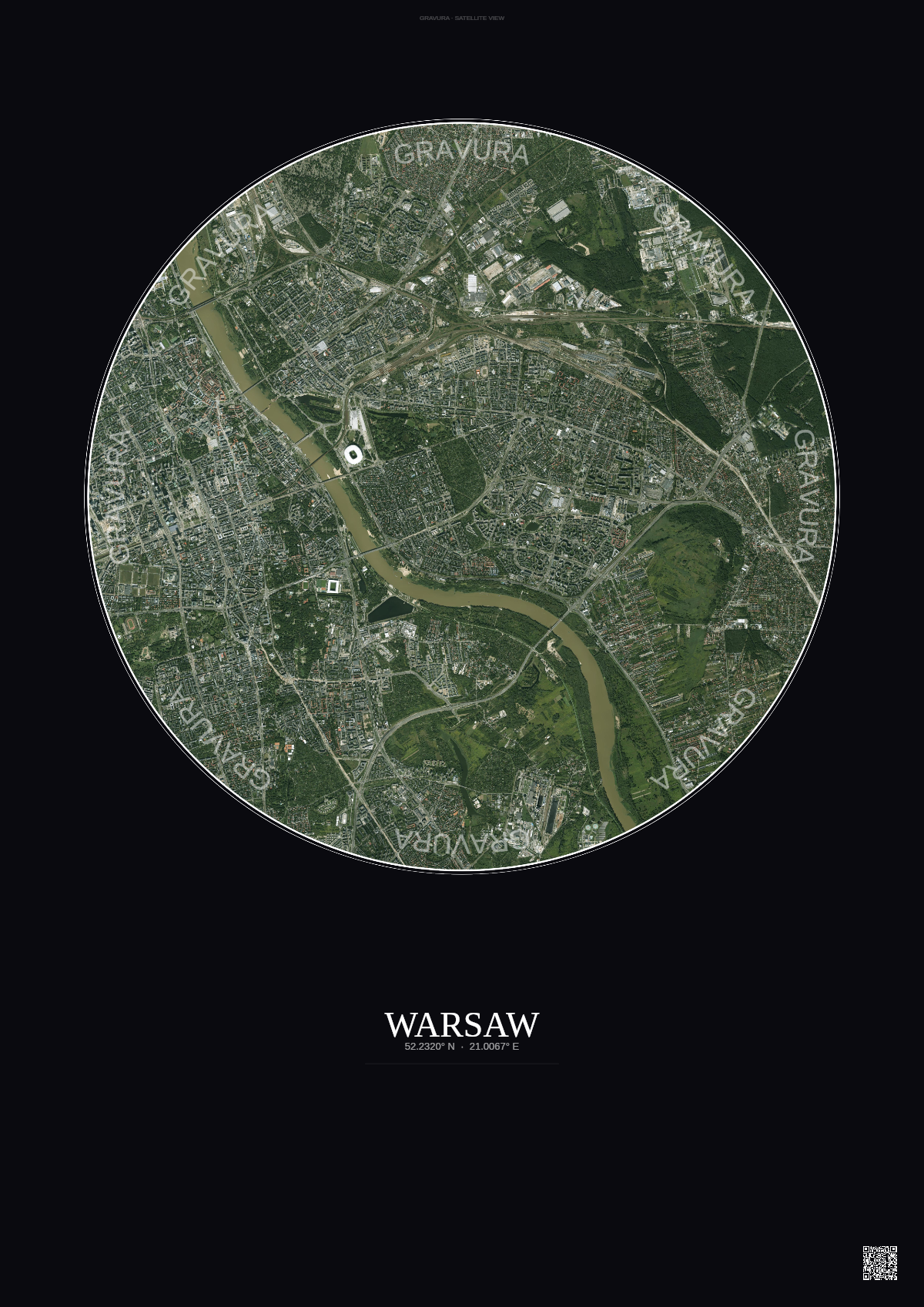 Affiche Warsaw – Poster vue satellite | Gravura – Fond foncé