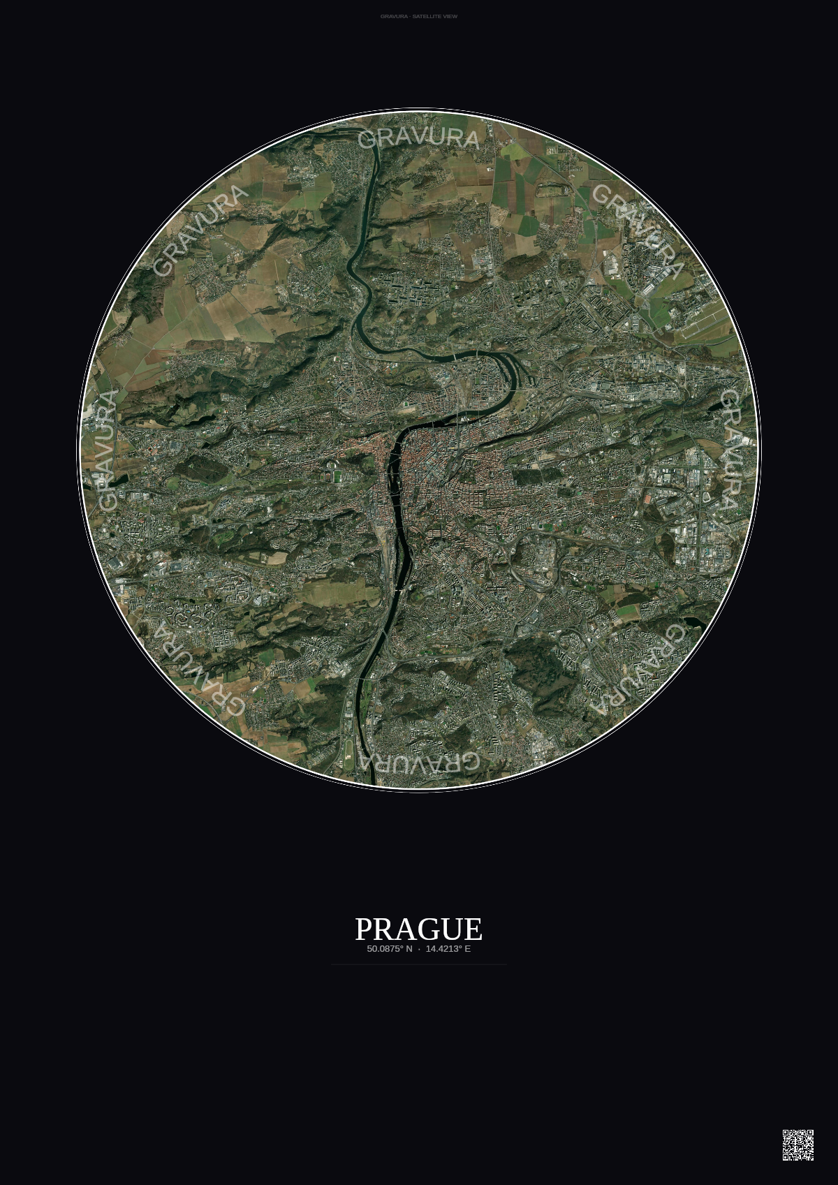 Affiche Prague – Poster vue satellite | Gravura – Fond foncé