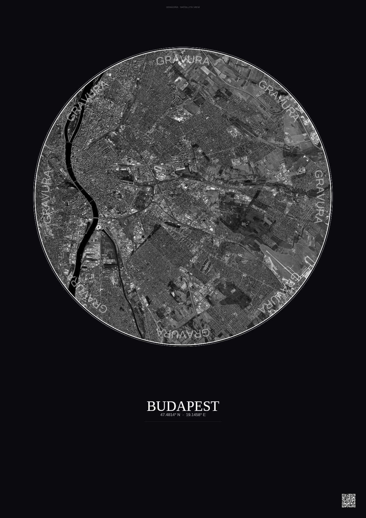 Affiche Budapest – Poster vue satellite | Gravura – Fond foncé