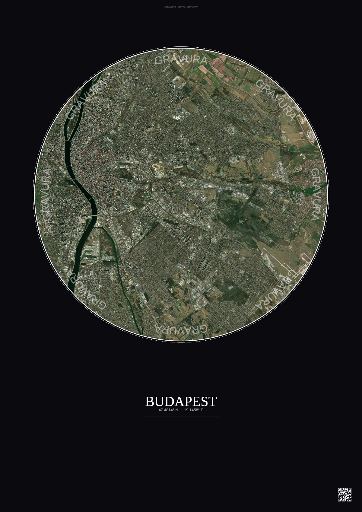 Affiche Budapest – Poster vue satellite | Gravura – Fond foncé