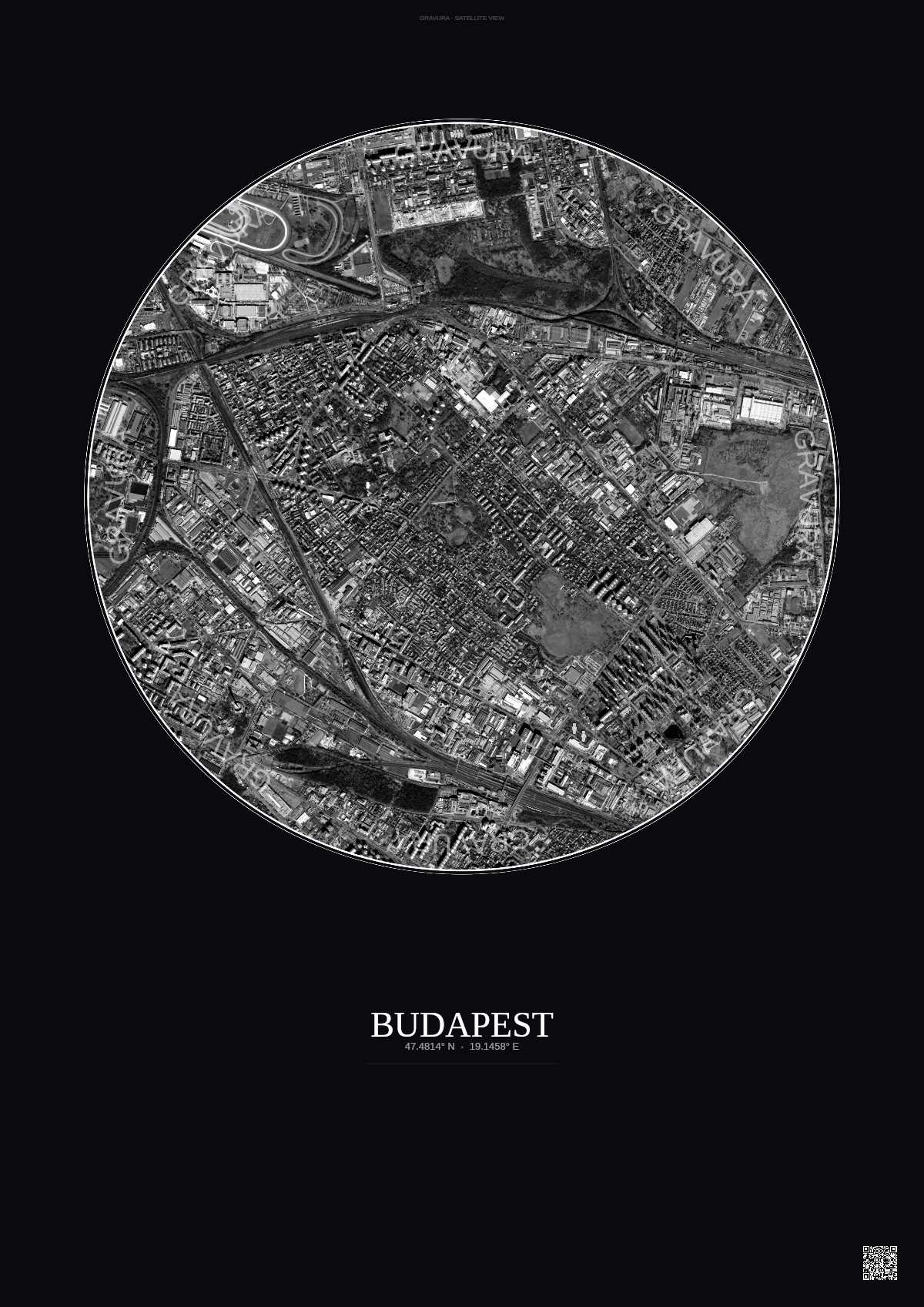 Affiche Budapest – Poster vue satellite | Gravura – Fond foncé