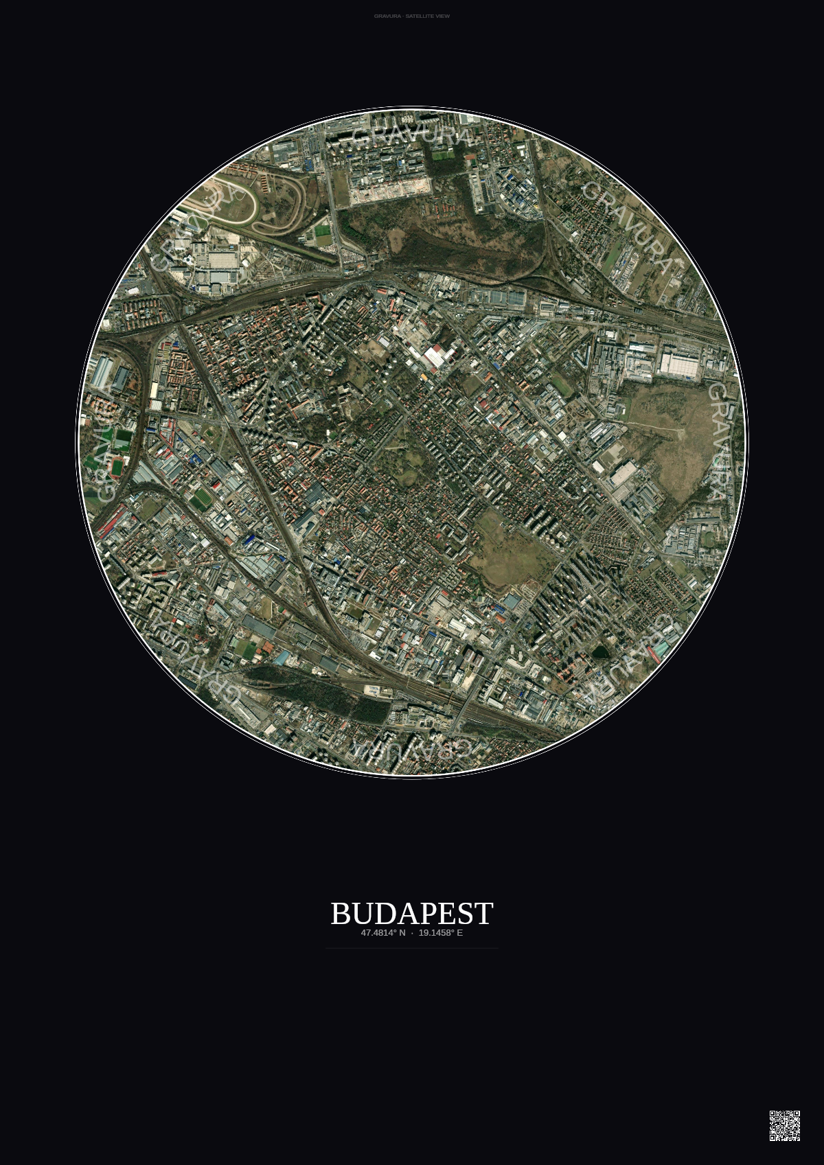 Affiche Budapest – Poster vue satellite | Gravura – Fond foncé