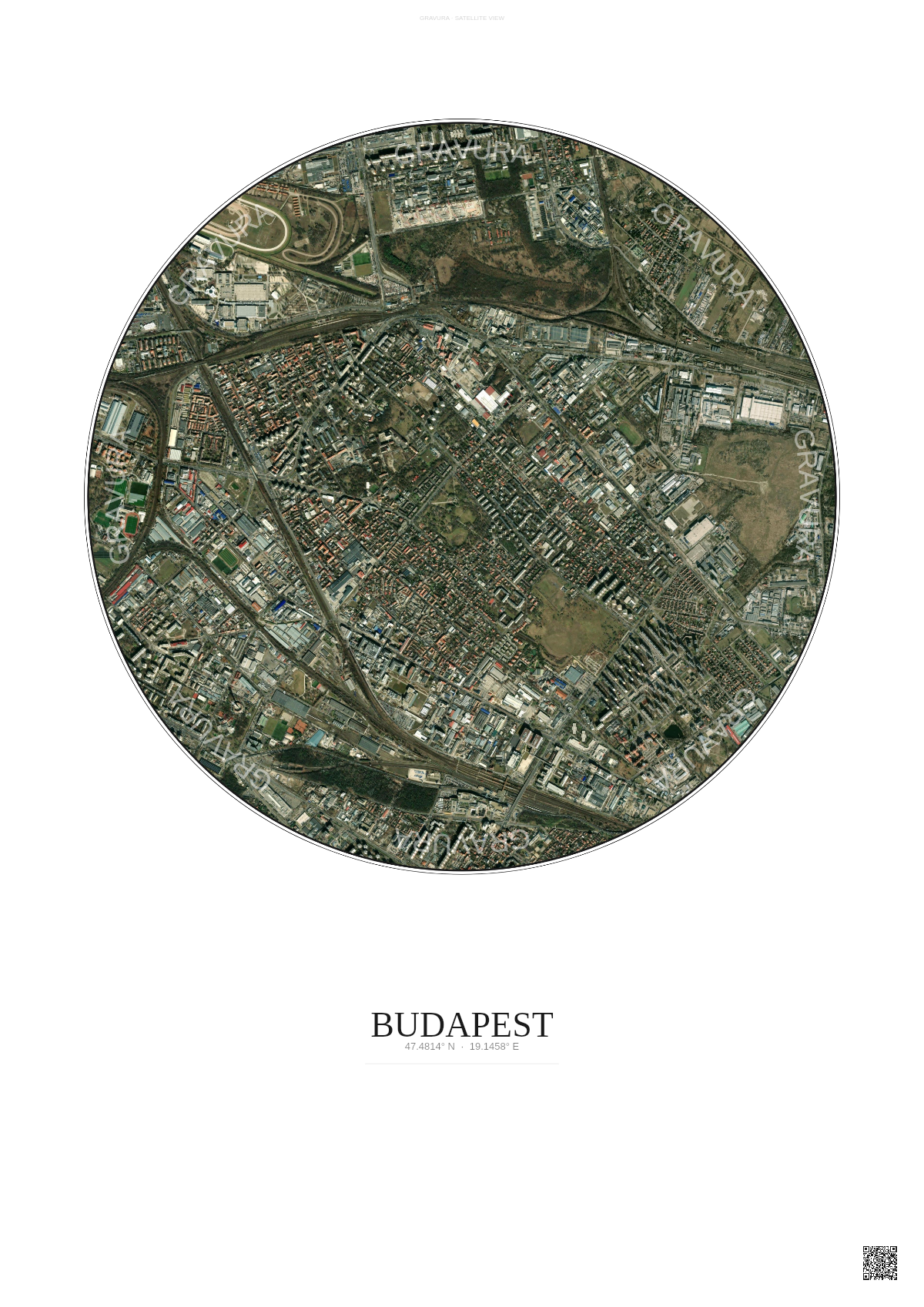 Affiche Budapest – Poster vue satellite | Gravura – Fond clair