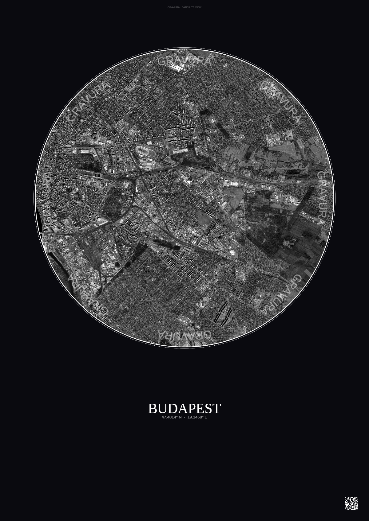 Affiche Budapest – Poster vue satellite | Gravura – Fond foncé