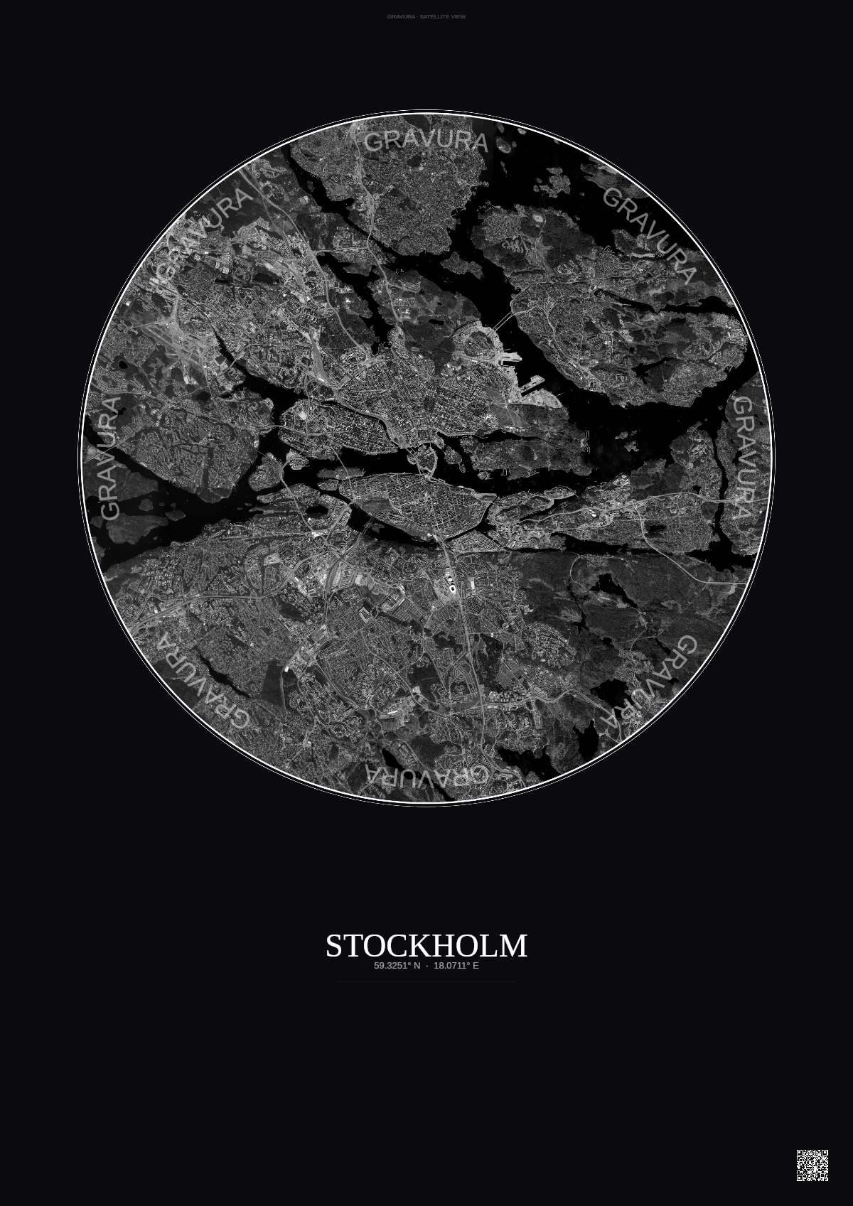 Affiche Stockholm – Poster vue satellite | Gravura – Fond foncé