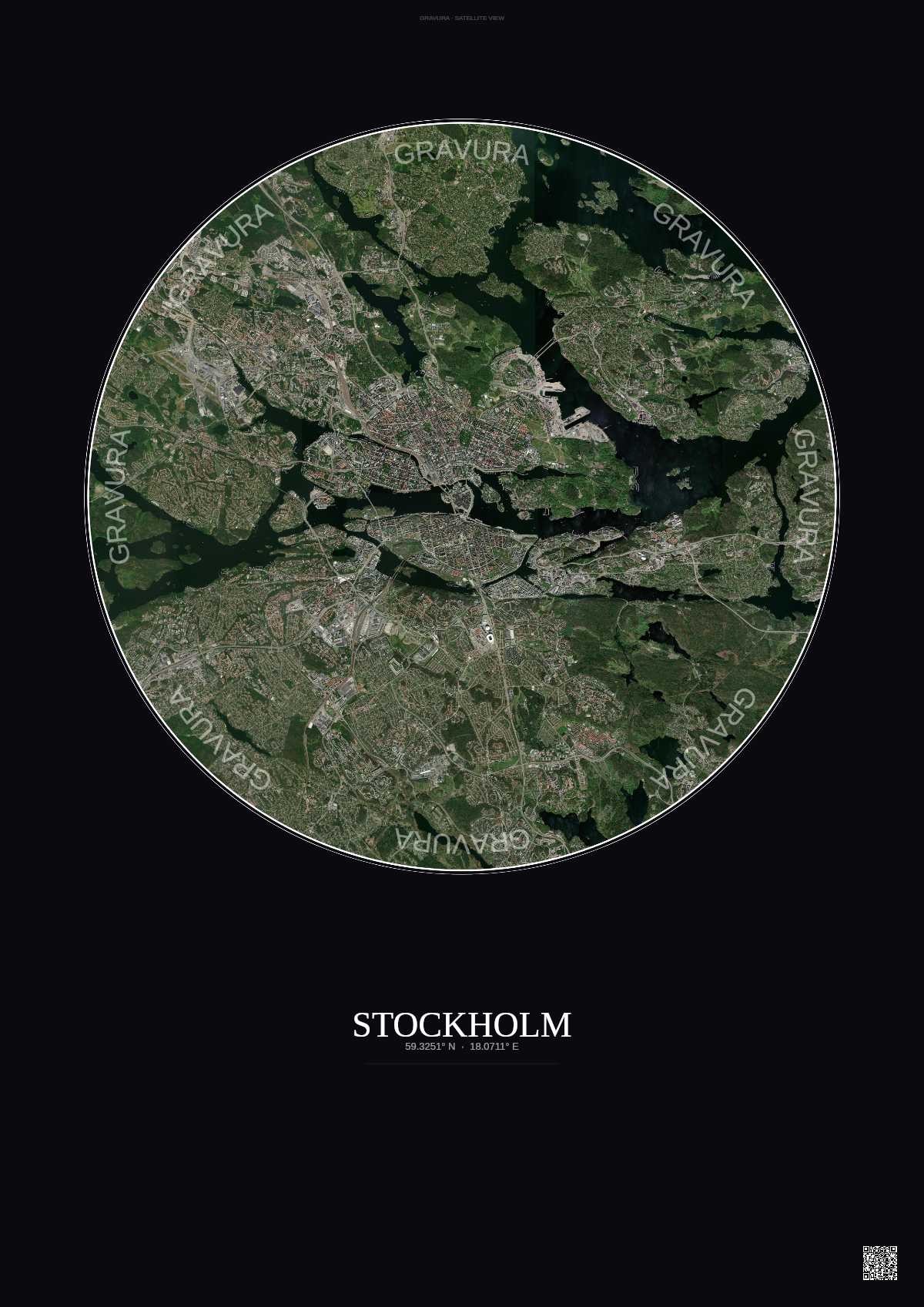 Affiche Stockholm – Poster vue satellite | Gravura – Fond foncé