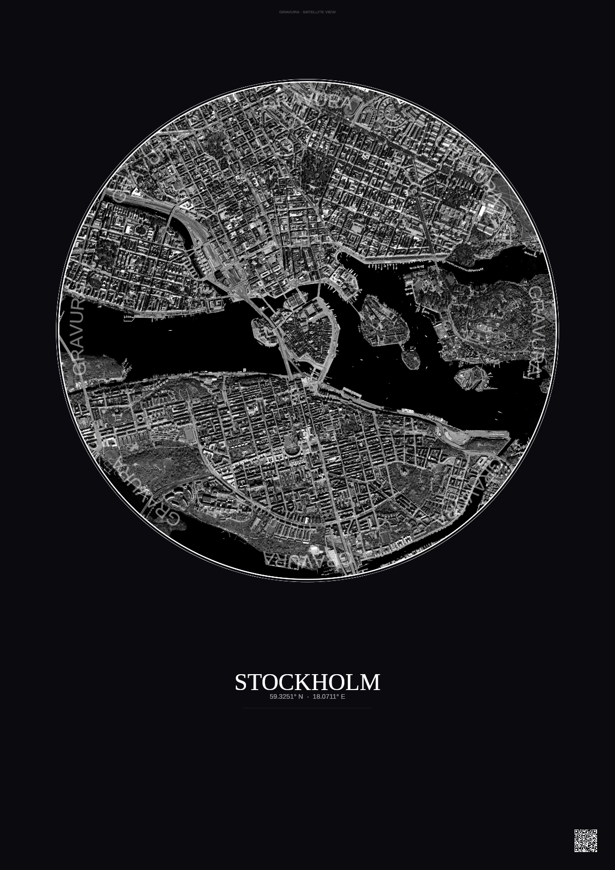 Affiche Stockholm – Poster vue satellite | Gravura – Fond foncé