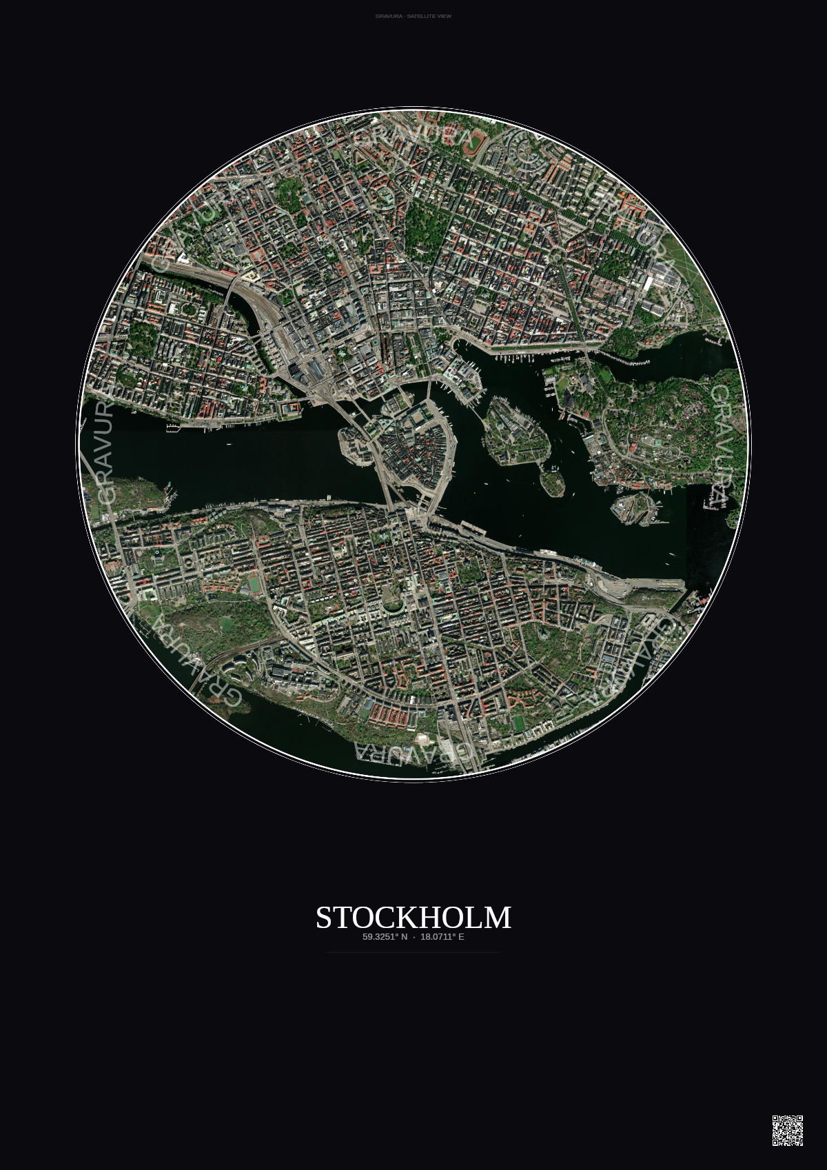 Affiche Stockholm – Poster vue satellite | Gravura – Fond foncé