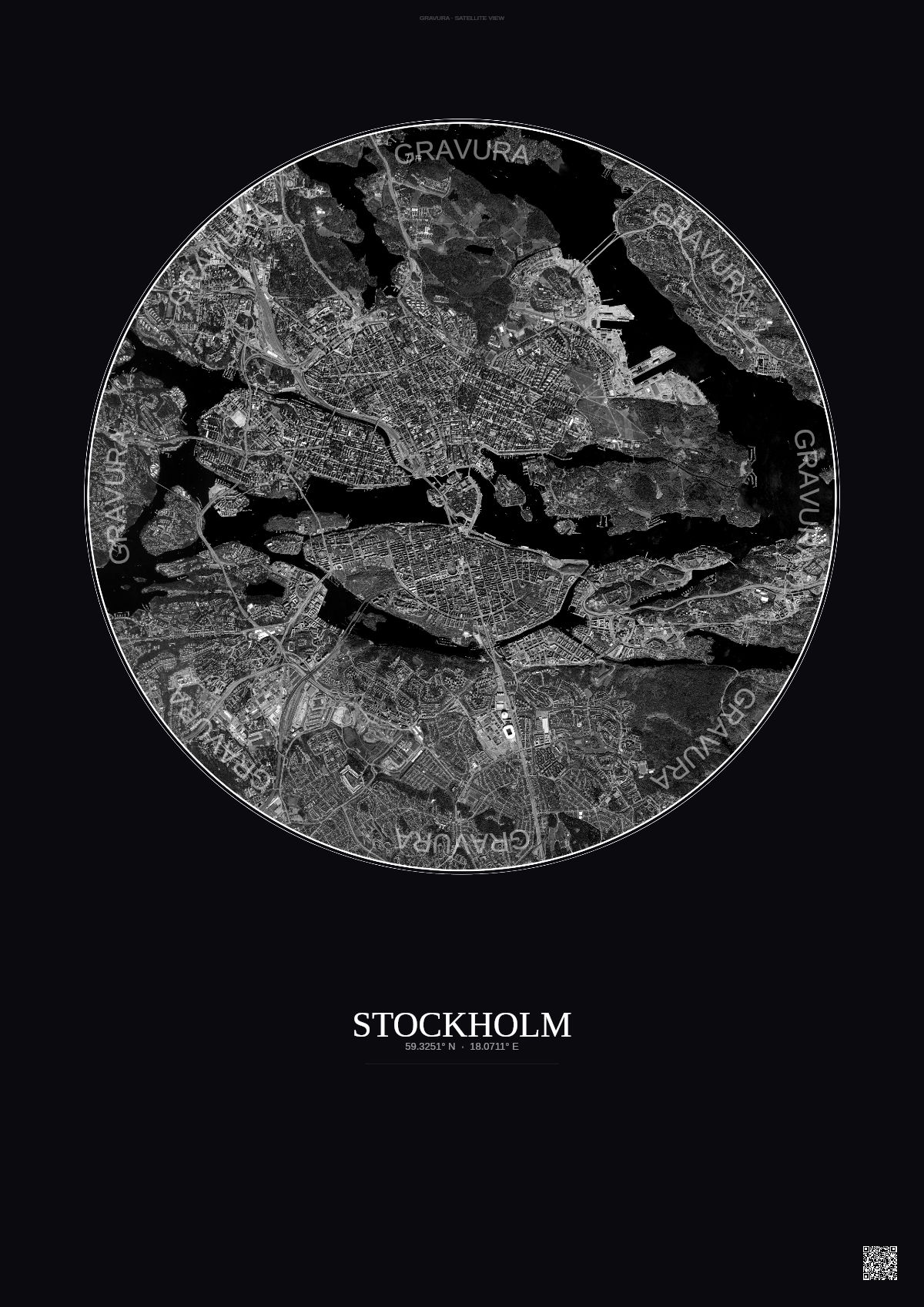 Affiche Stockholm – Poster vue satellite | Gravura – Fond foncé