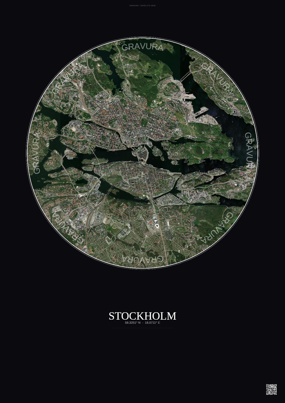 Affiche Stockholm – Poster vue satellite | Gravura – Fond foncé