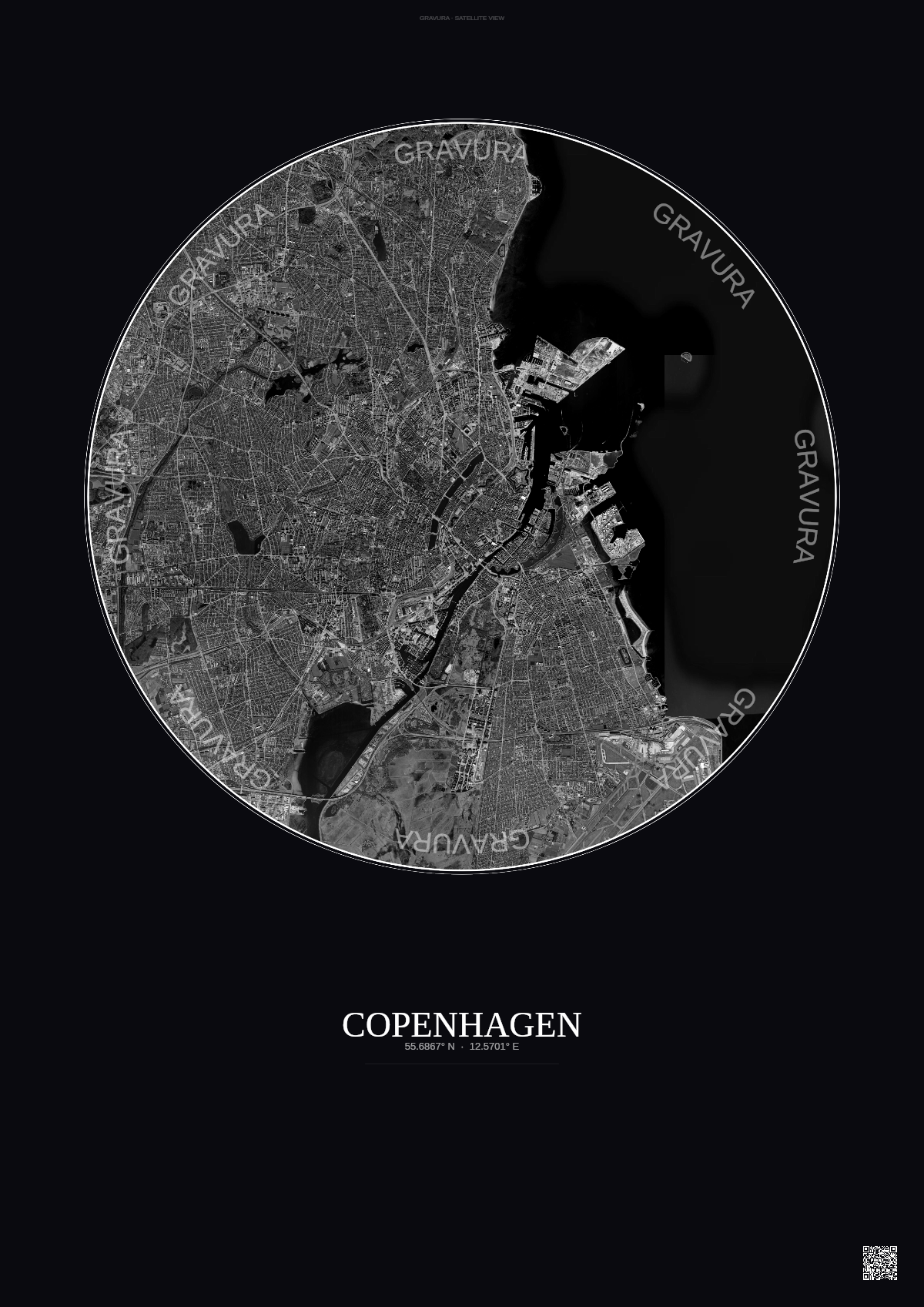Affiche Copenhagen – Poster vue satellite | Gravura – Fond foncé