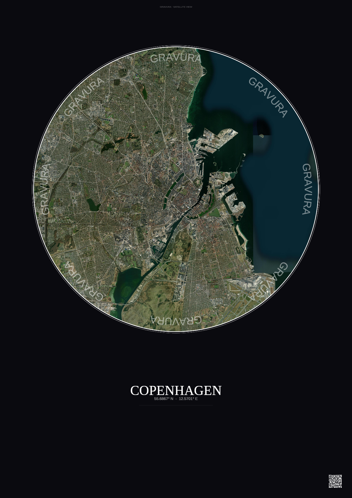 Affiche Copenhagen – Poster vue satellite | Gravura – Fond foncé