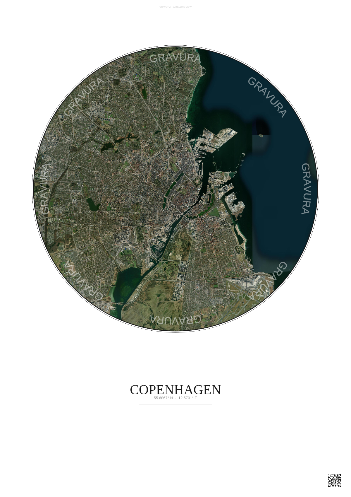 Affiche Copenhagen – Poster vue satellite | Gravura – Fond clair