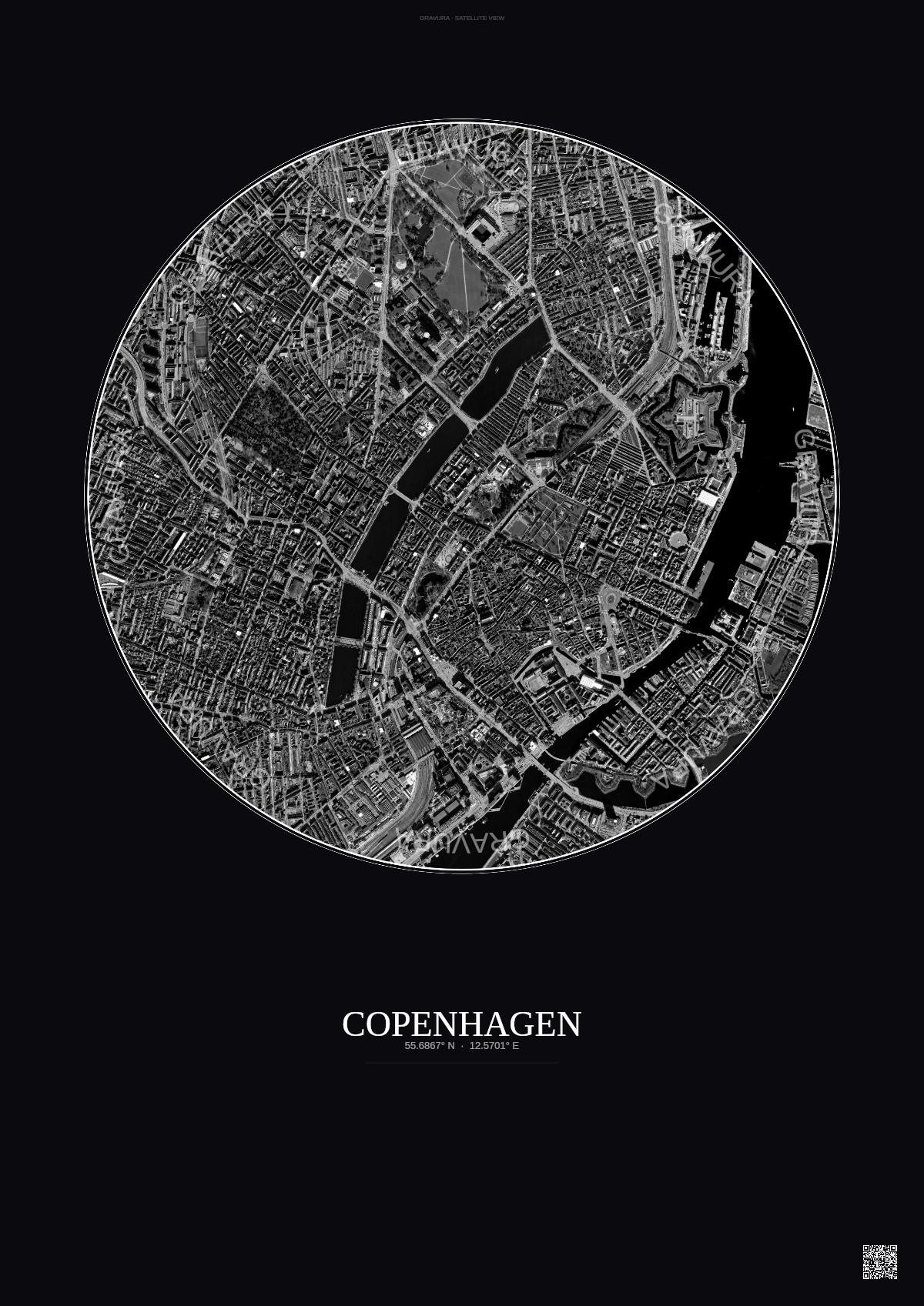 Affiche Copenhagen – Poster vue satellite | Gravura – Fond foncé