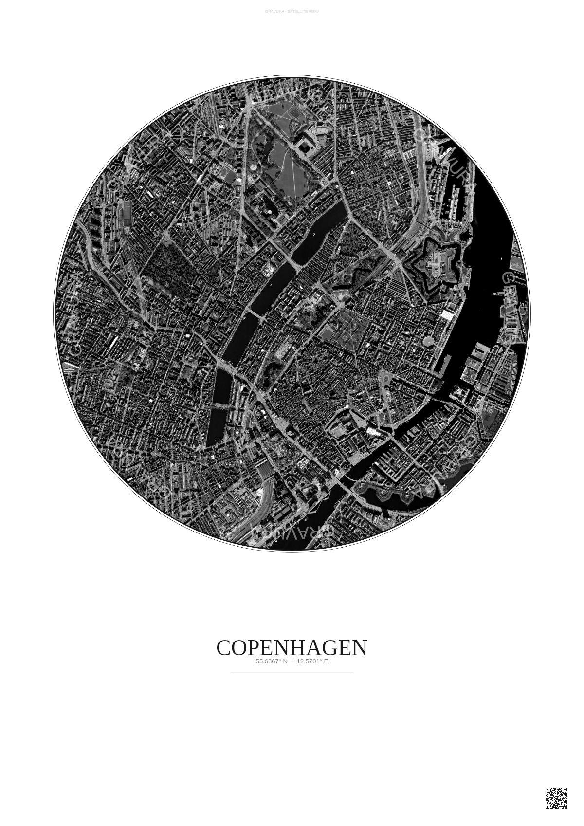 Affiche Copenhagen – Poster vue satellite | Gravura – Fond clair