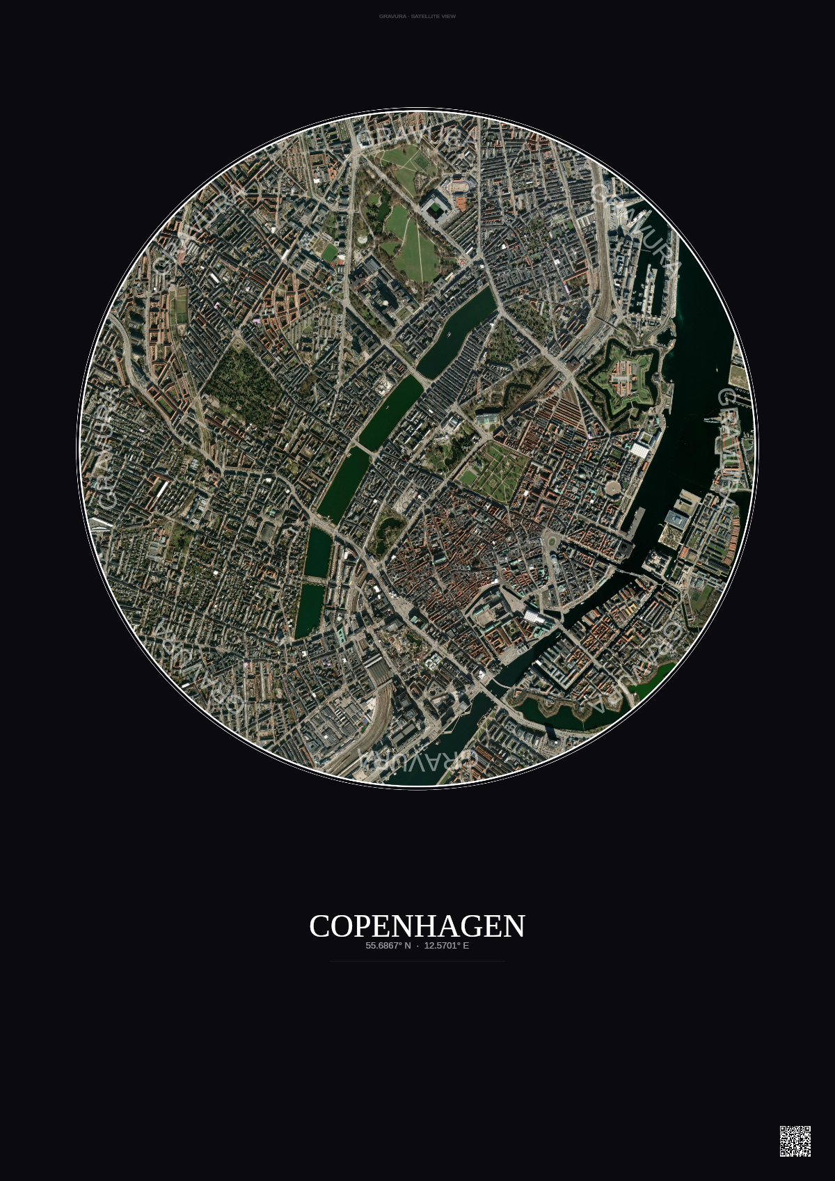 Affiche Copenhagen – Poster vue satellite | Gravura – Fond foncé