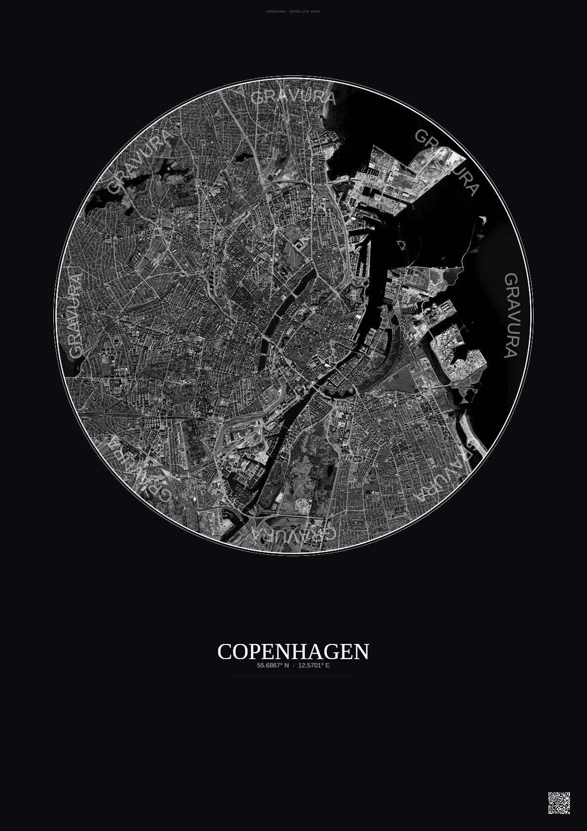 Affiche Copenhagen – Poster vue satellite | Gravura – Fond foncé