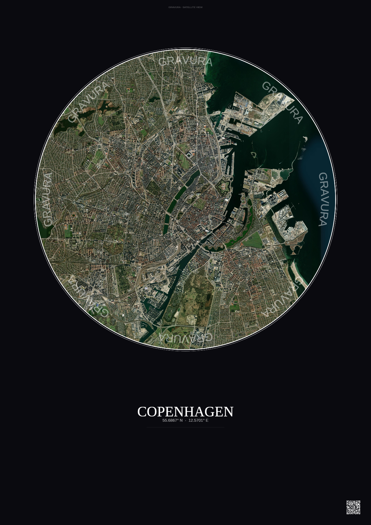 Affiche Copenhagen – Poster vue satellite | Gravura – Fond foncé