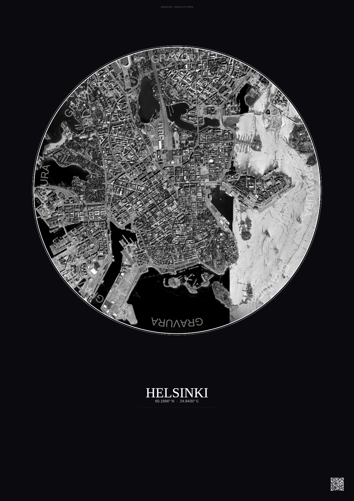 Affiche Helsinki – Poster vue satellite | Gravura – Fond foncé